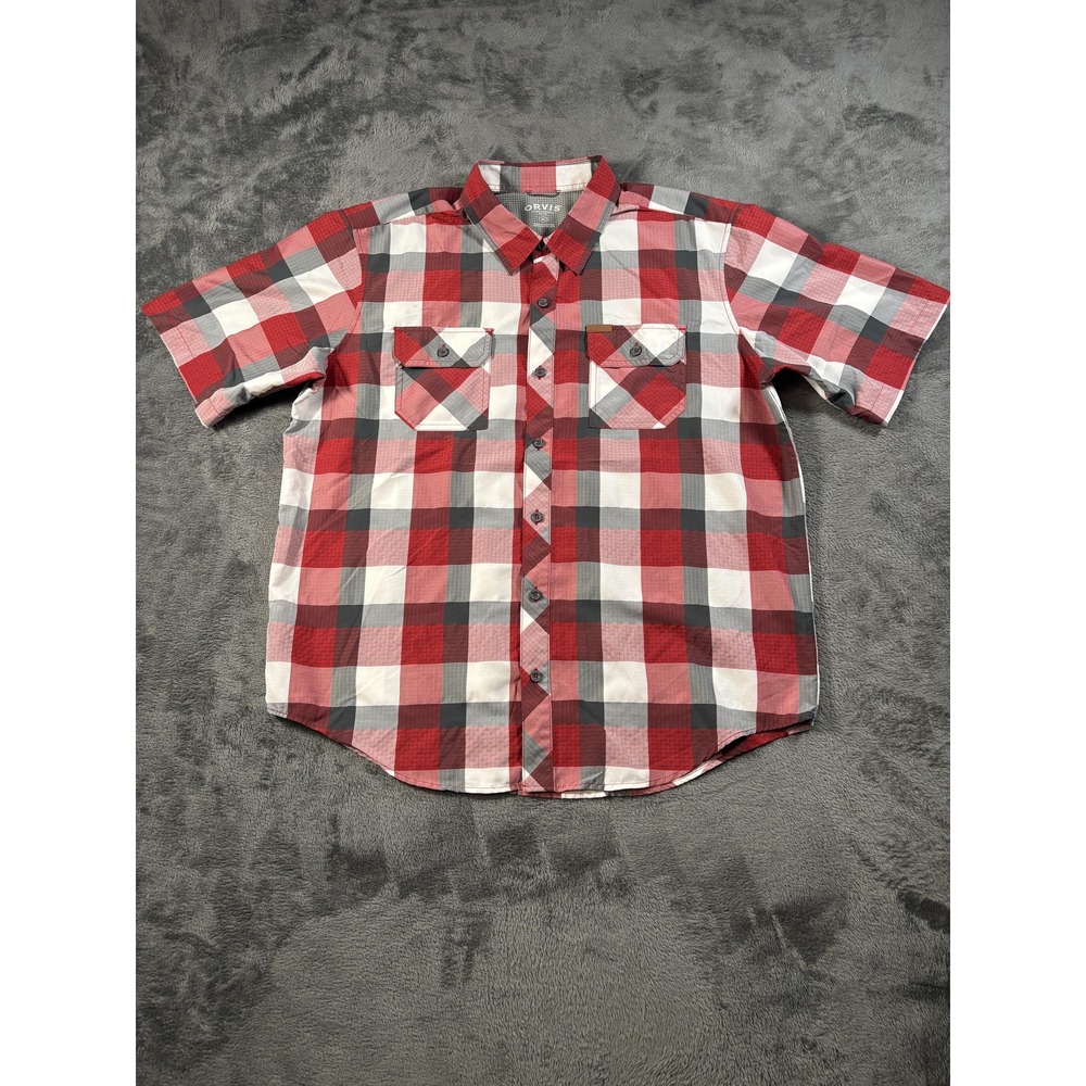 Orvis Shirt Mens XL Red Plaid Short Sleeve Button Up Lightweight Casual Outdoor
